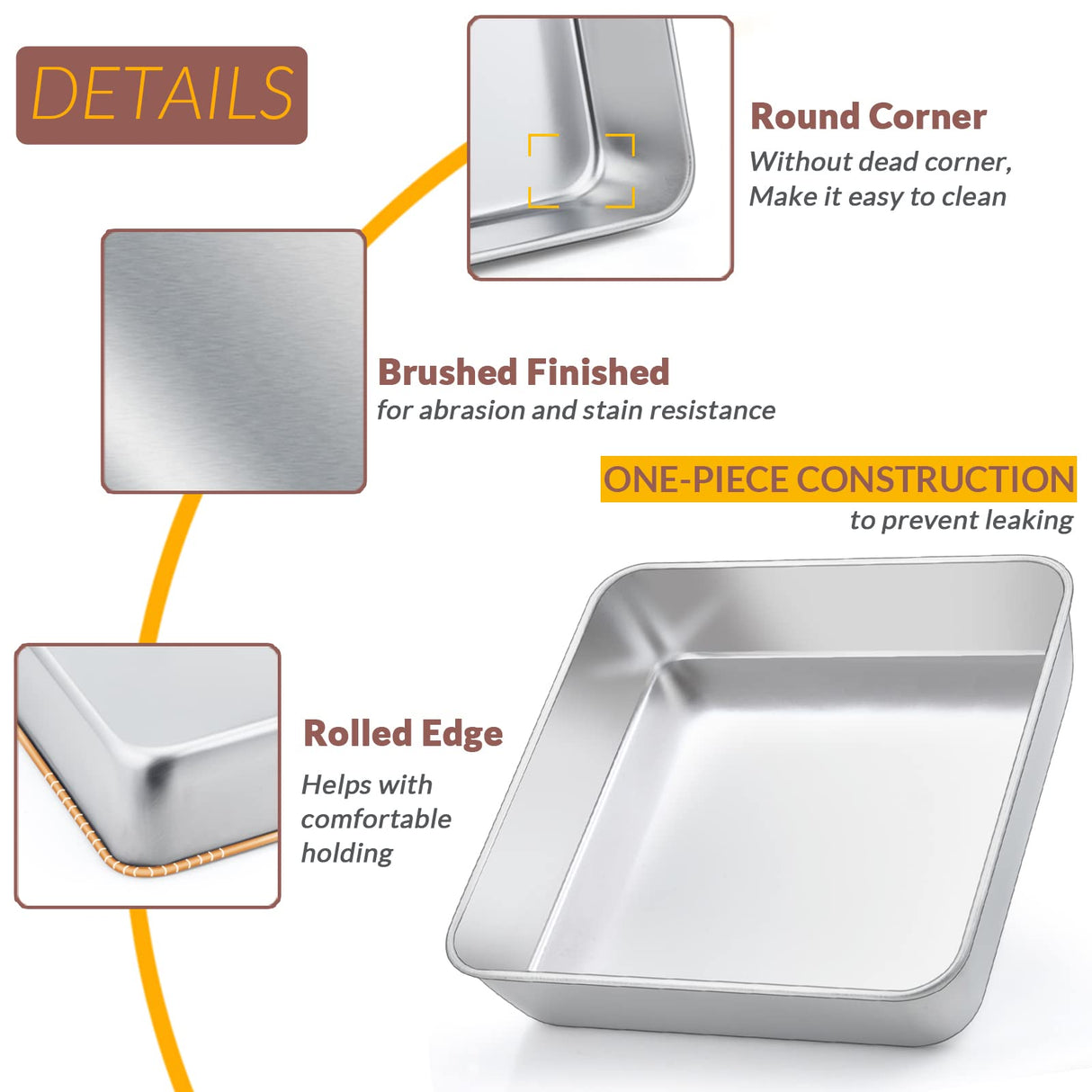 E-far 6/8/9-Inch Square Cake Pan Set, Stainless Steel Square Baking Brownie Pans Metal Bakeware Set of 3, Non-toxic & Healthy, Easy Clean & Dishwasher Safe E-far