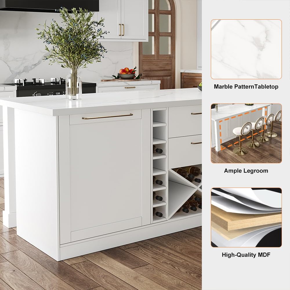 homary 72'' Kitchen Island with Seating Island Table with Wine Storage & 2 Drawers Marble Dining Table for 4 People homary