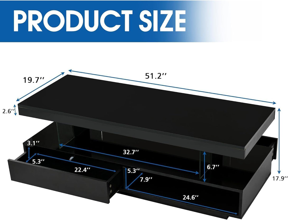 GlowSpark Black LED Coffee Table with Storage, Modern High Glossy LED Coffee Tables for Living Room, 2 Tiers Rectangle Coffee Table with 16 Colors LED Lights & Remote Control for Party Office Home GlowSpark