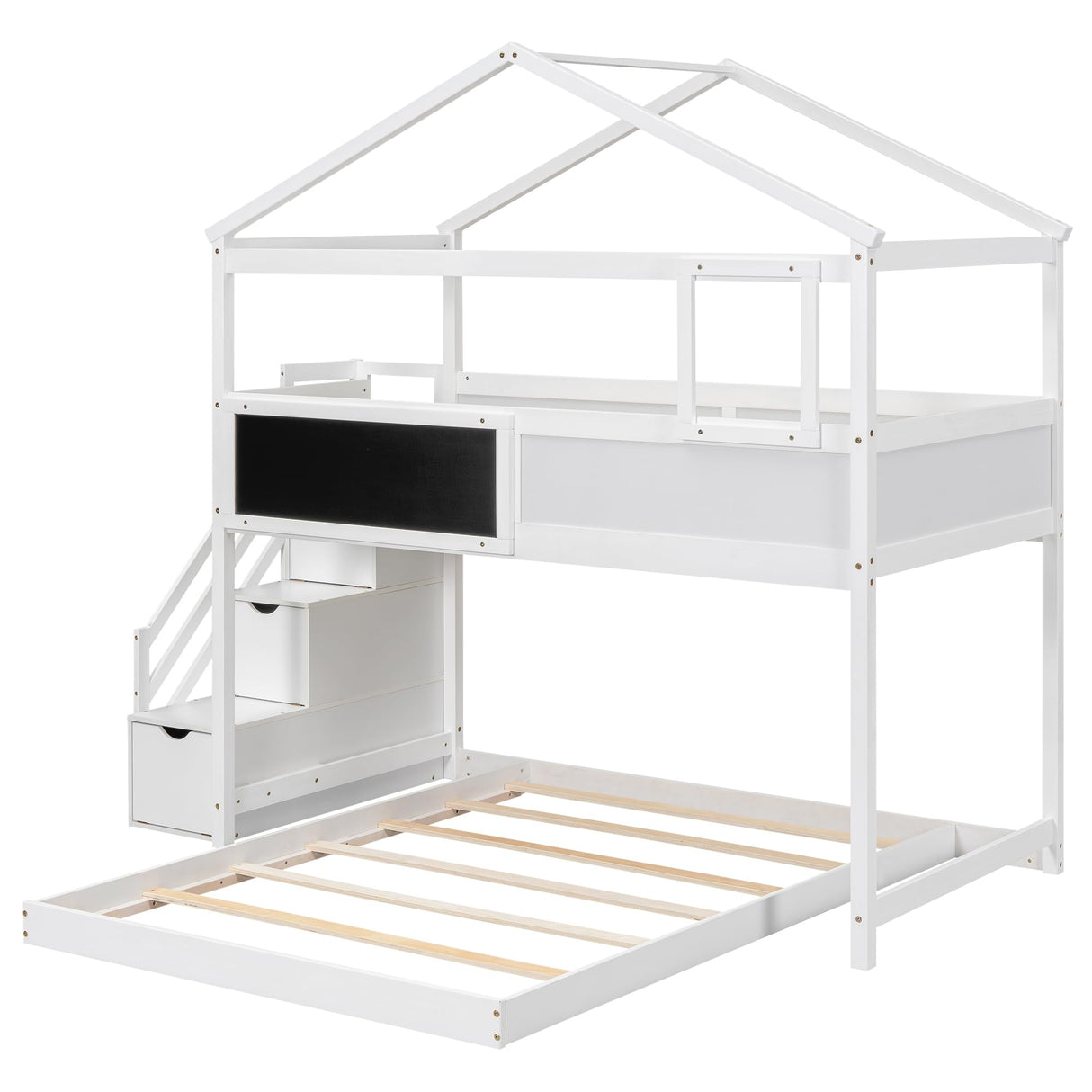 Harper & Bright Designs House Bunk Bed with Stairs,Twin Over Full Bunk Beds with Blackboard,Wood Kids Floor Bunk Bed Frame with Storage Shelves,Space-Saving Design, White Harper & Bright Designs