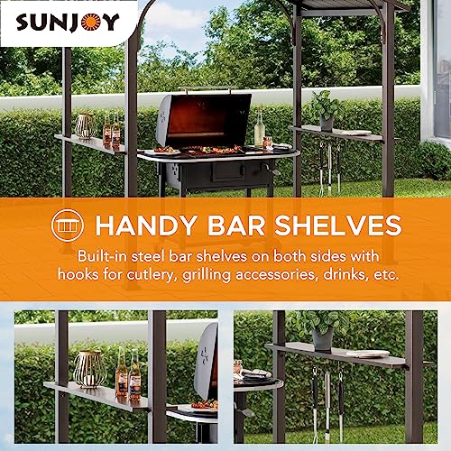Sunjoy Grill Gazebo 5 ft. x 8 ft. Brown Steel Frame Double Tiered Hardtop Gazebo with Ceiling Hook and Bar Shelves Sunjoy