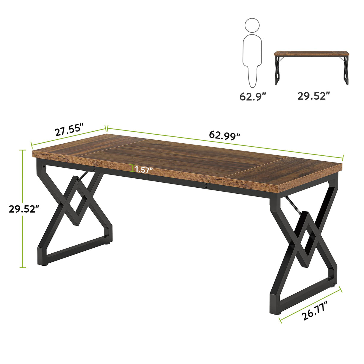 Tribesigns 63 Inch Executive Desk, Large Office Computer Desk with Extra Thick Wooden Tabletop and Metal Frame, Modern Simple Workstation Writing Table Study Desk for Home Office, Vintage Brown Tribesigns