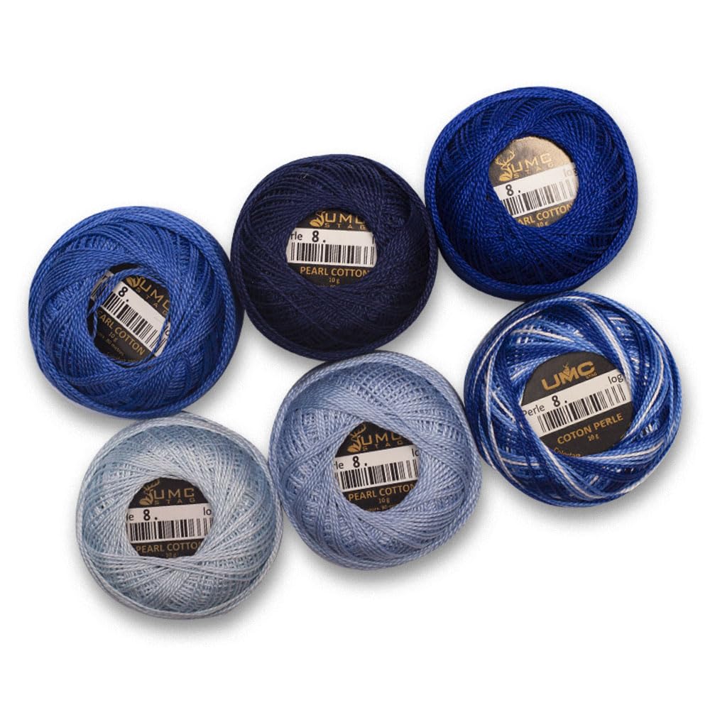 UMC STAG 6 Balls Premium Pearl Cotton Embroidery Thread Size 8 | 100% Egyptian Cotton Crochet Yarn | Cross Stitch Embroidery Yarn | Oeko TEX Certified | 10 Grams per Ball (Blue Tones) UMC STAG