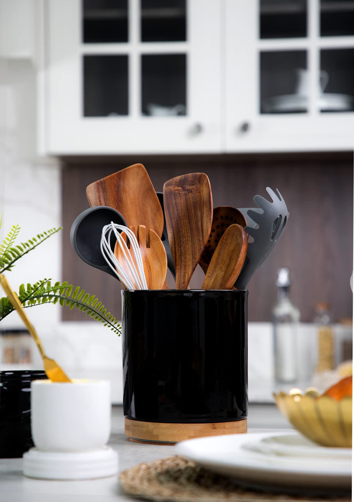 Nucookery 360° Rotating Utensil Holder, 7.2" Large Utensil Crock, White Ceramic Cooking Utensil Organizer with Countertop-Protection Cork Bottom for Farmhouse Kitchen Decor Gift (Black) Nucookery