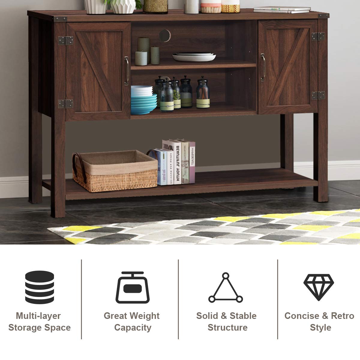 Tangkula Console Table Buffet Table, Modern Sideboard with Storage Cabinets and Bottom Shelf, Contemporary Tall Buffet Storage Cabinet, Kitchen Dining Room Furniture (Brown) Tangkula
