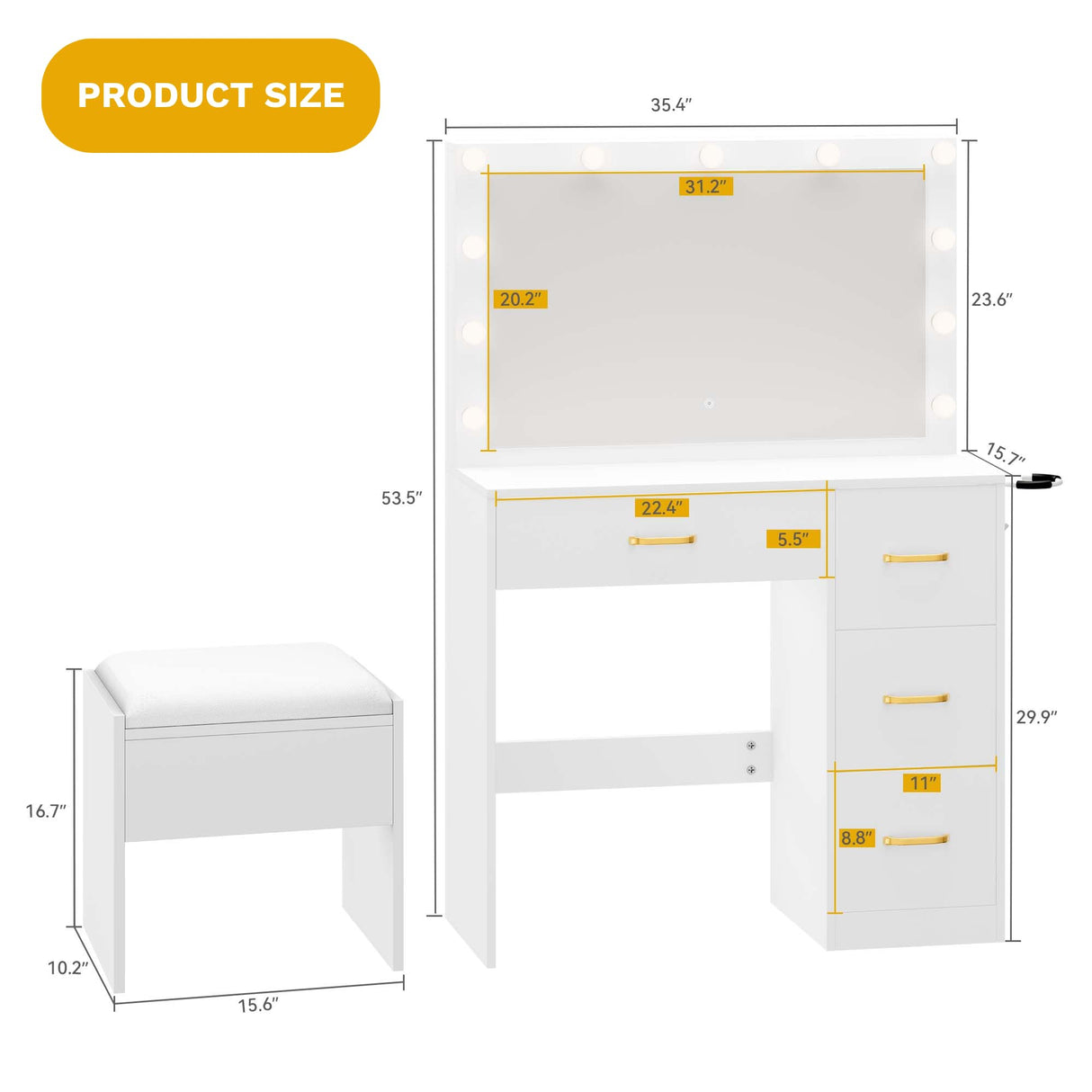 DWVO Makeup Vanity Desk with LED Mirror & 3 Brightness Levels, Makeup Table with 4 Drawers, Power Outlets, Hairdryer Holder & Cushion Stool for Dressing Room DWVO
