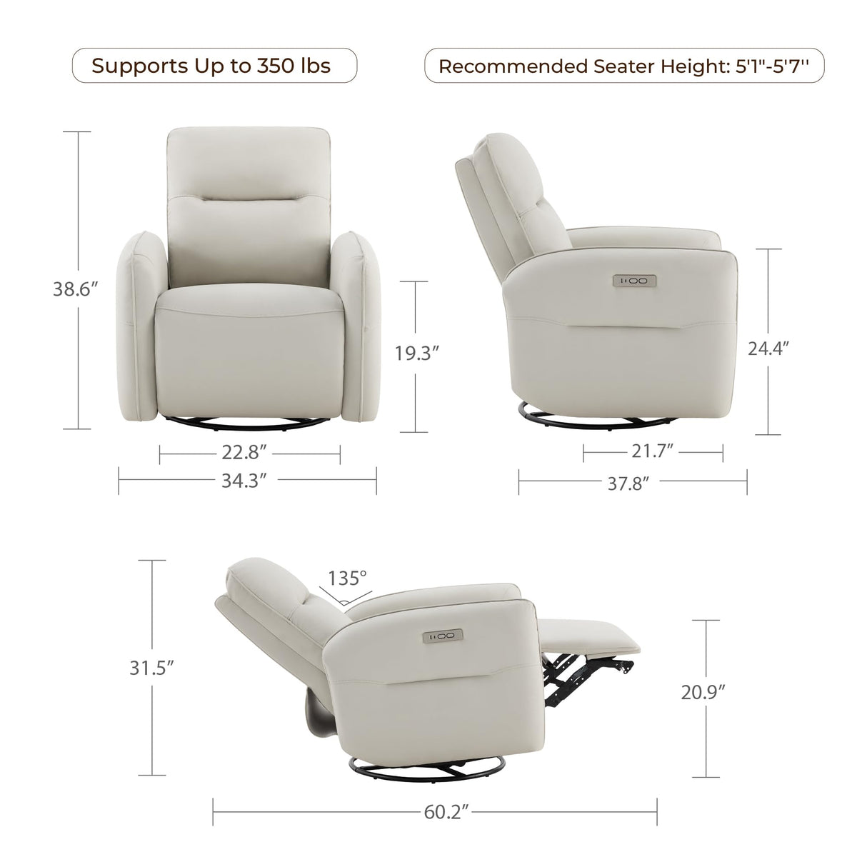 CHITA Faux Leather Power Recliner Chair, Swivel Glider Recliner for Adults, Nursery Rocking Chair with USB & Type-C Charging for Living Room, Bedroom, Creamy Grey CHITA