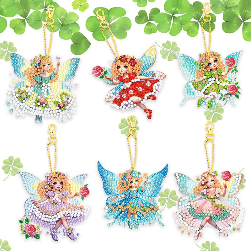 YUE ZHE 6 PCS Diamond Painting Keychains Double Sided Flower Fairy Diamond Art Kits for Adults DIY 5D Painting Keychains Ornaments for Adults Beginners DIY Crafts Decor YUE ZHE