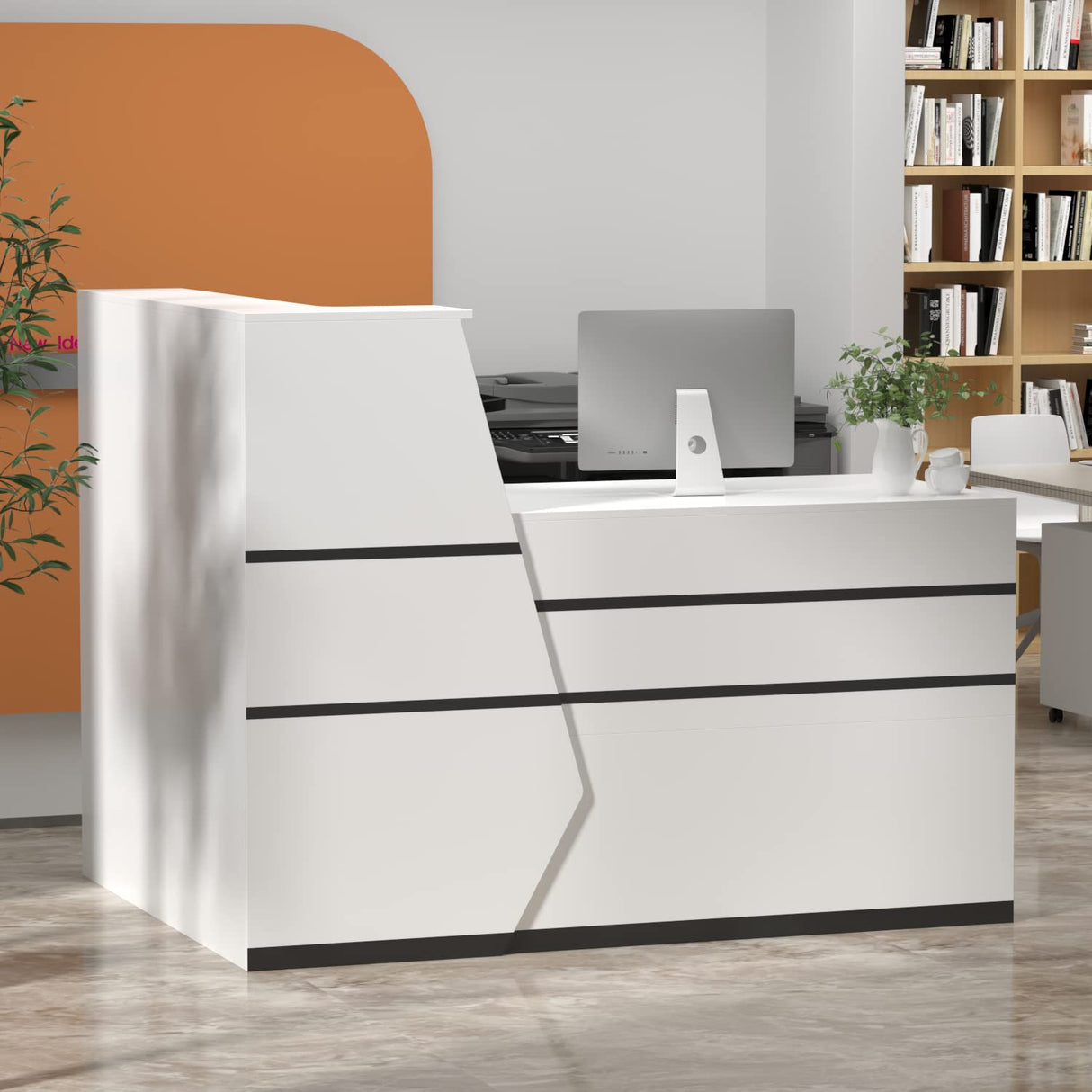 ECACAD Reception Desk with Lockable Drawer, Open Shelves & Keyboard Tray, Office Desk Reception Counter Table with Cabinet and Black Stickers, White (55.1”W x 43.3”D x 43.3”H) ECACAD