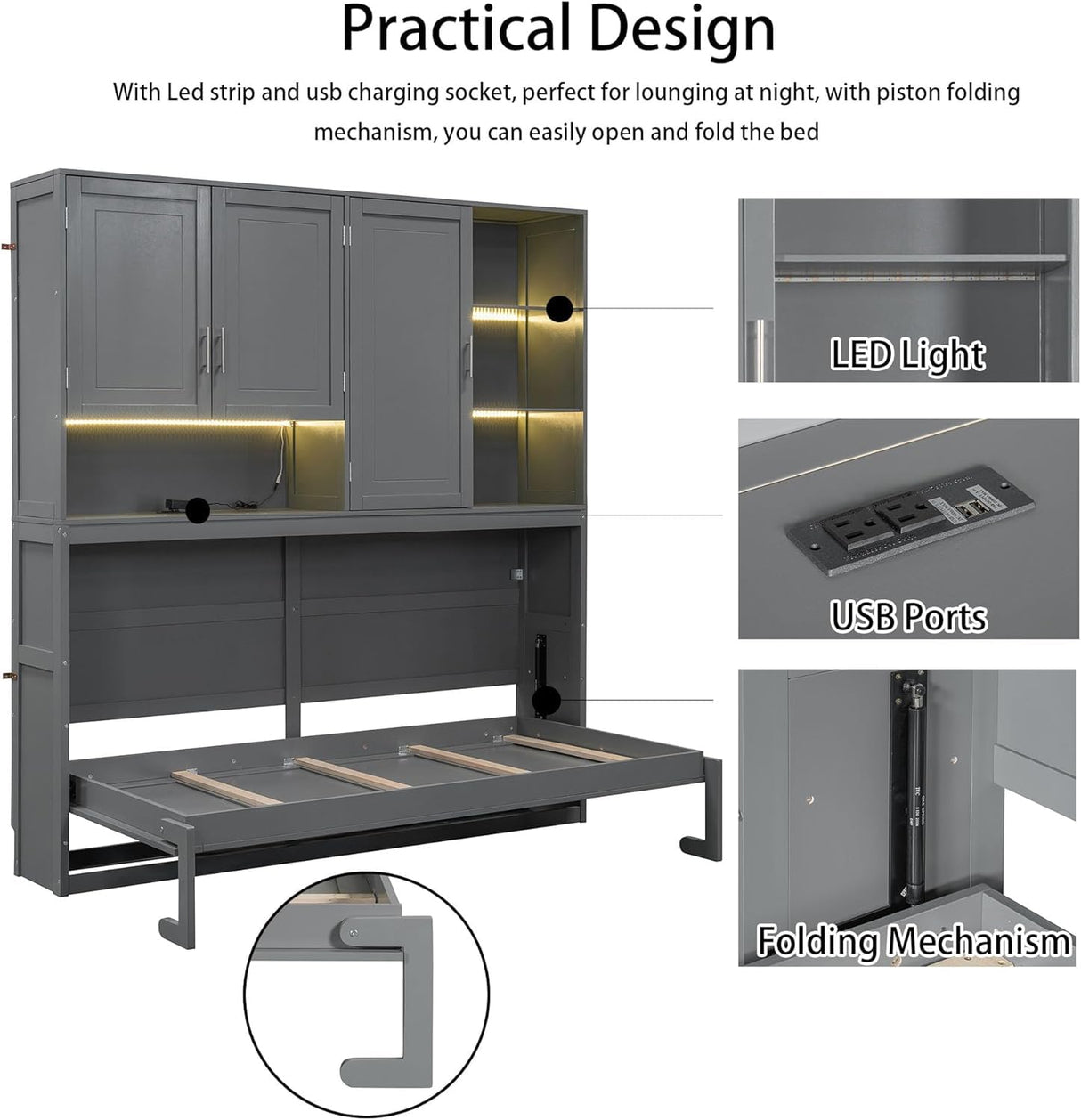 Twin Horizontal Murphy Bed with Storage Cabinet, LED Light and Charging Station,Wood Folding Murphy Wall Bed Cabinet with Bookcase and Shelves for Adult (Grey) MERITLINE