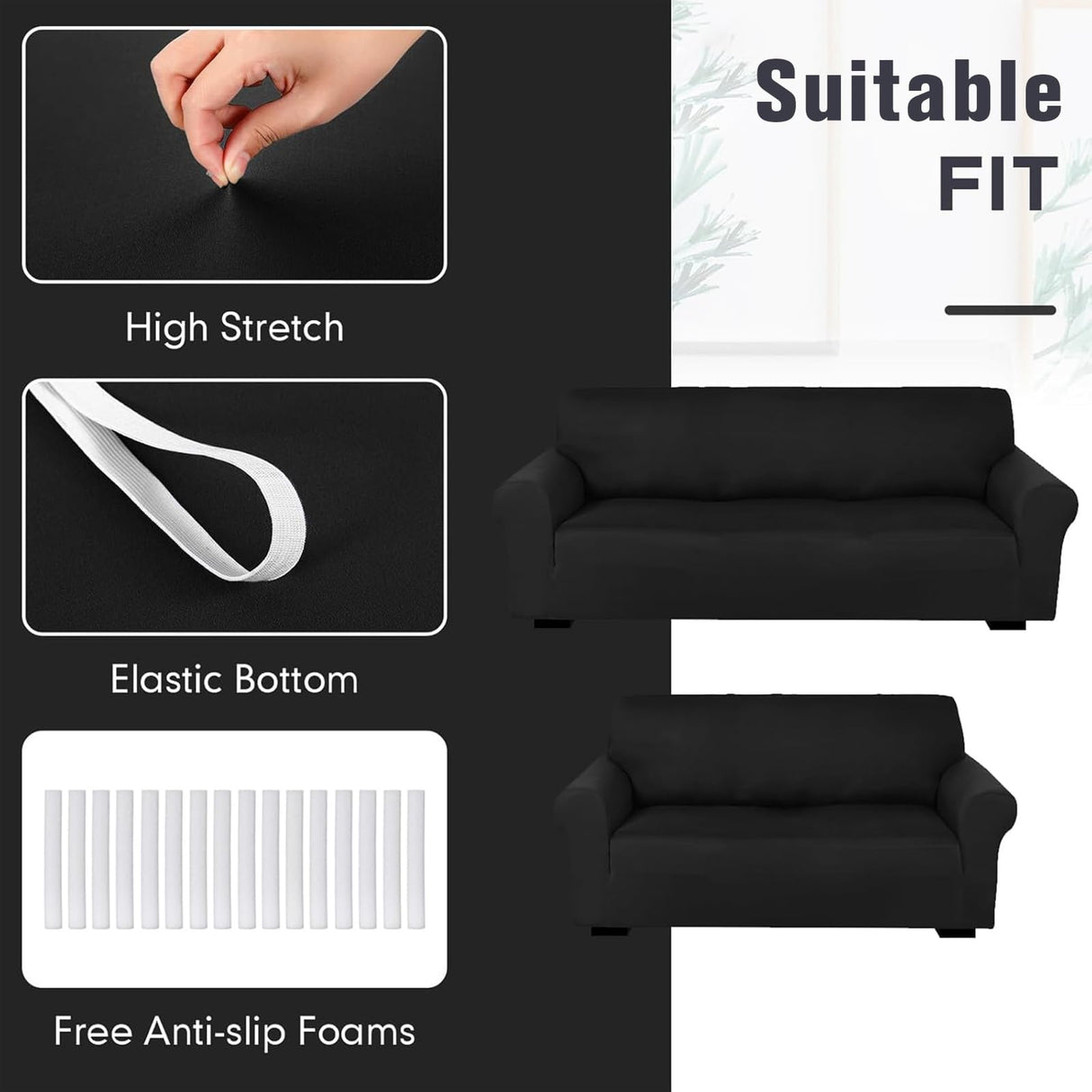 Peryiter 2 Pcs Loveseat Covers Slipcover Set for Couch Furniture Covers for Living Room Sofa Arm Chair, Form Fit Stretch, Wrinkle Proof, Furniture Protector(Black,Milk Silk) Peryiter