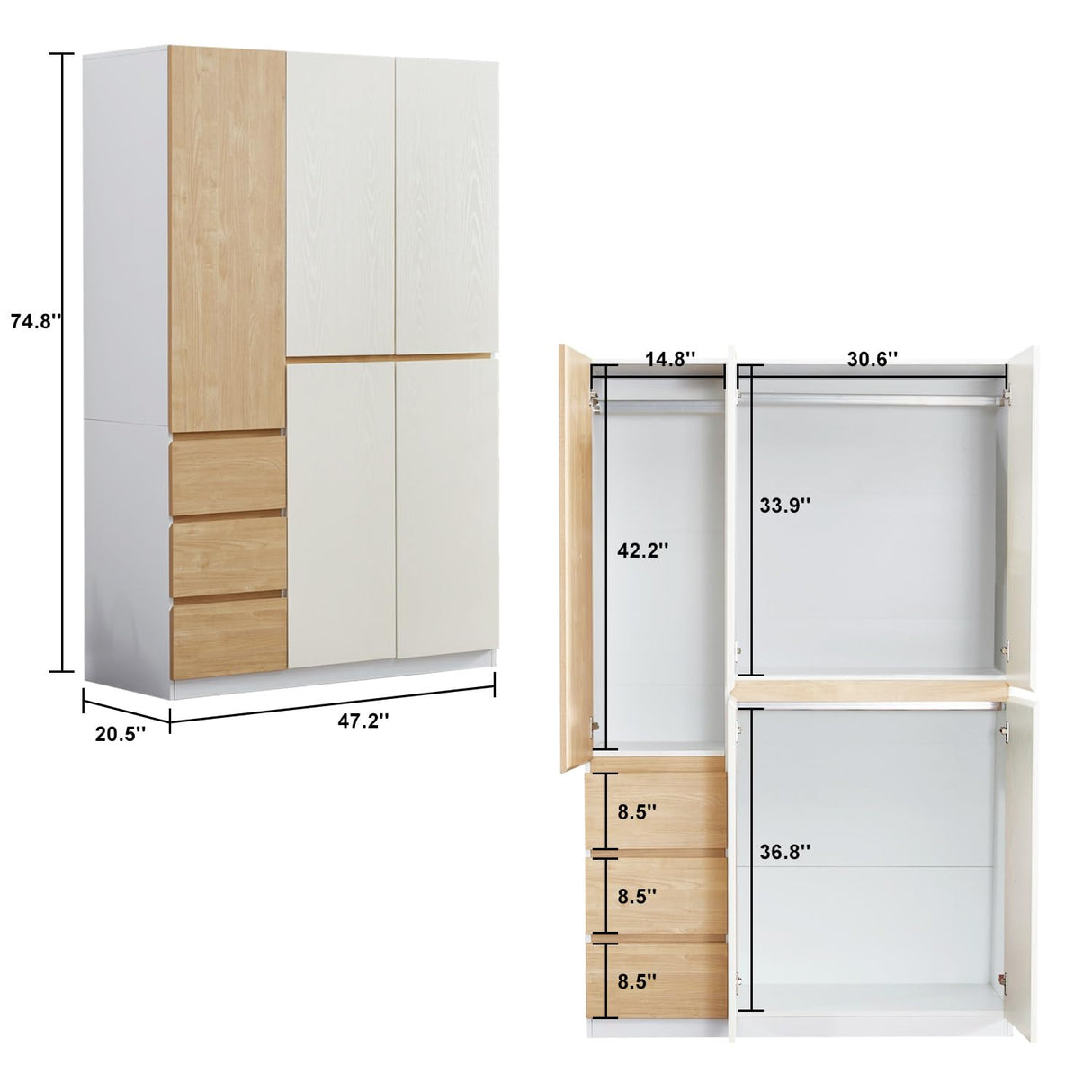 Sophshelter Armoire Wardrobe Closet Wood, 3 Door 3 Drawers White Closet Wardrobe for High Storage Capacity, Tall Cabinet Closet with 3 Hanging Rod 47.3" L x 20.3" W x 72" H Sophshelter