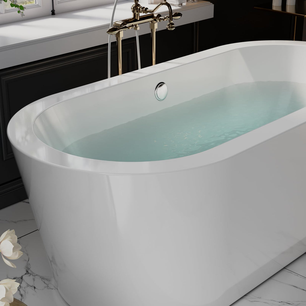 Empava 59” Acrylic Freestanding Bathtub Contemporary Stand Alone Soaking Tub with Overflow and Drain, FT1505, Luxury White Empava