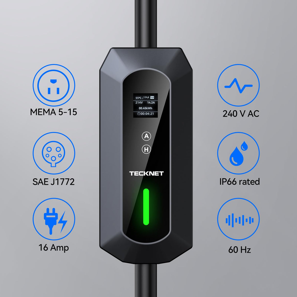 TECKNET EV Charger Level 1&2, 16A Electric Car Charger with NEMA 6-20 Plug, NEMA 5-15 Adapter, 25FT Cable, J1772 Electric Vehicle Charging Equipment Compatible with All EV Models TECKNET