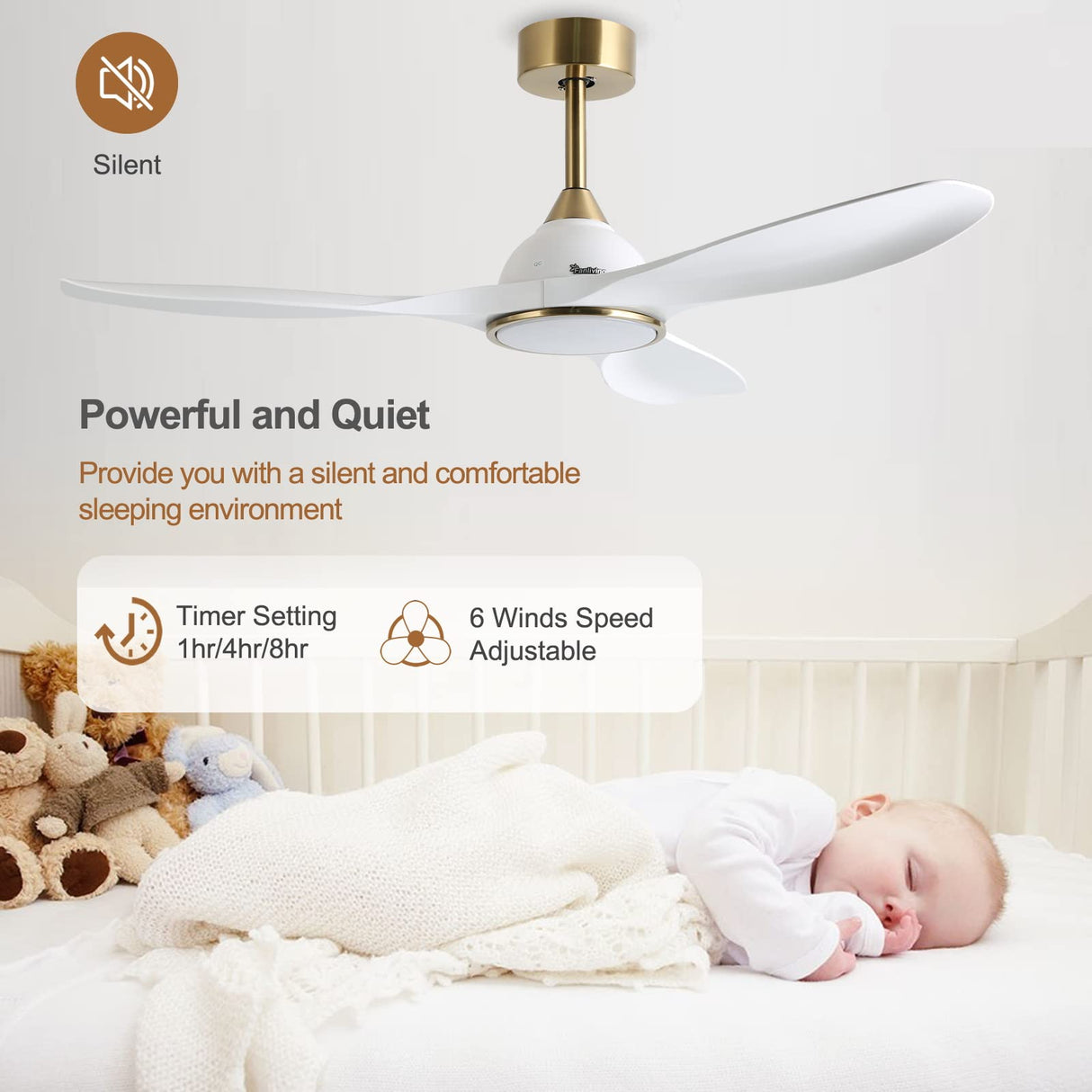 Fanliving 52 Inch 6 Speed High CFM Quiet DC Motor Modern Ceiling Fan with Lights Remote Control, 3 Blade White Gold Indoor Bedroom Living Room Ceiling Fan Fanliving