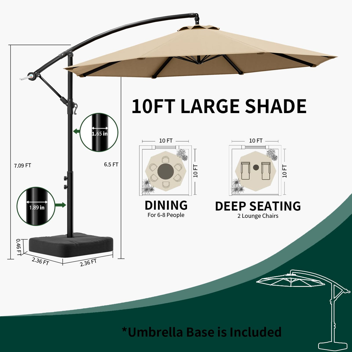 OLILAWN 10ft Patio Umbrella with Base Included, Outdoor Offset Cantilever Umbrella w/Upgraded Yarn-dyed Fabric Shade, Sturdy 8 Rids, Easy Tilt Adjustment, for Pool Deck Porch Backyard Garden,Beige OLILAWN