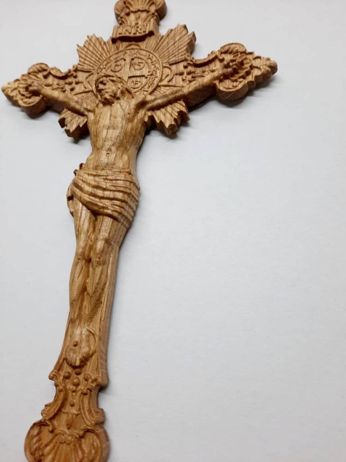 Wooden Wall Crucifix Natural Wood - Different colors - Any size - Christ Cross - Personalized Christian wooden carved Pediment Kozakworkshop