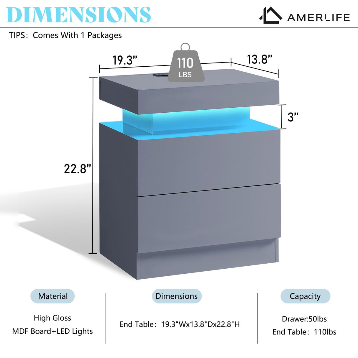 AMERLIFE High Gloss LED Nightstand Set of 2 with Charging Station, Modern Bedside Table Night Stand with LED Lights, Sofa End Side Tables with Drawers for Bedroom Living Room, Gray AMERLIFE