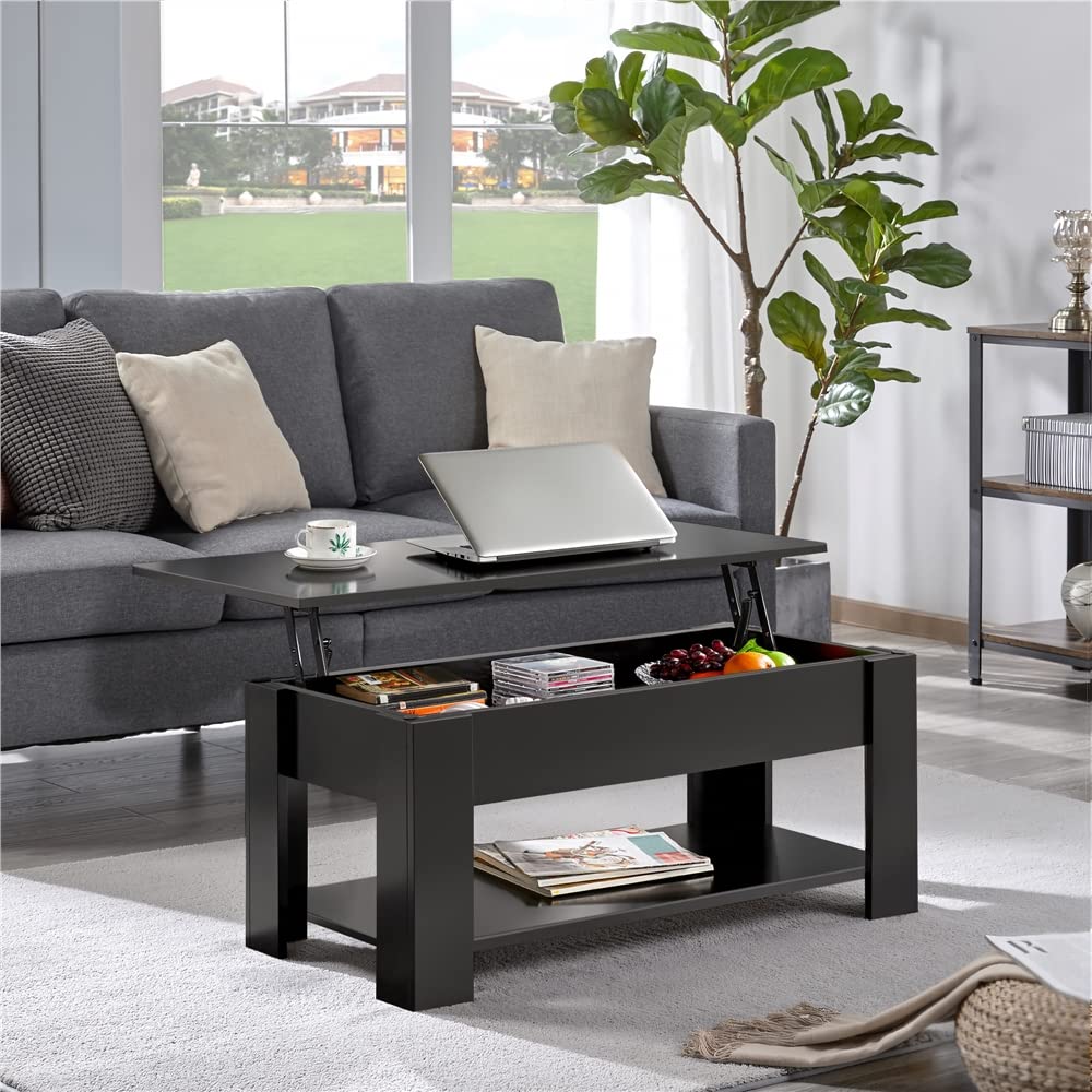 Yaheetech Wooden Coffee Table, Lift Top Coffee Table with Large Hidden Storage Shelf, Lift Tabletop Dining Table for Living Room, Home Small Space, 38.6in, Black Yaheetech