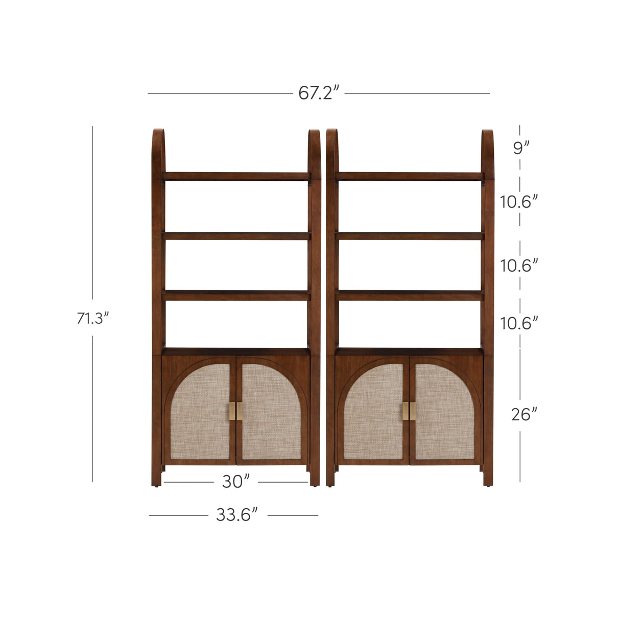 Nathan James Paxton Boho Arched Bookshelf Cabinet with Solid Wood Frame and Rattan Base, Dark Acacia, Set of 2 Nathan James