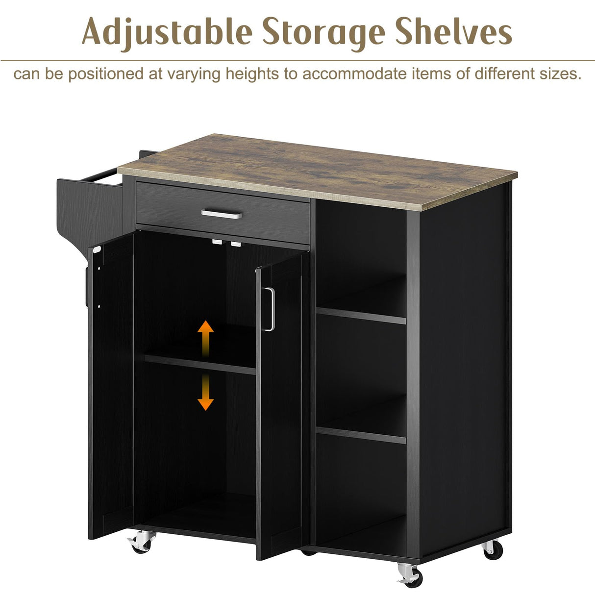 GarveeHome Mobile Rolling Island Cart for Kitchen, Kitchen Island on Wheels with Spice Rack& Drawer & Open Shelves & Towel Rack, Microwave Cart for Kitchen, Dining Room, 34.84" x 18.89" x 37", Black GarveeHome