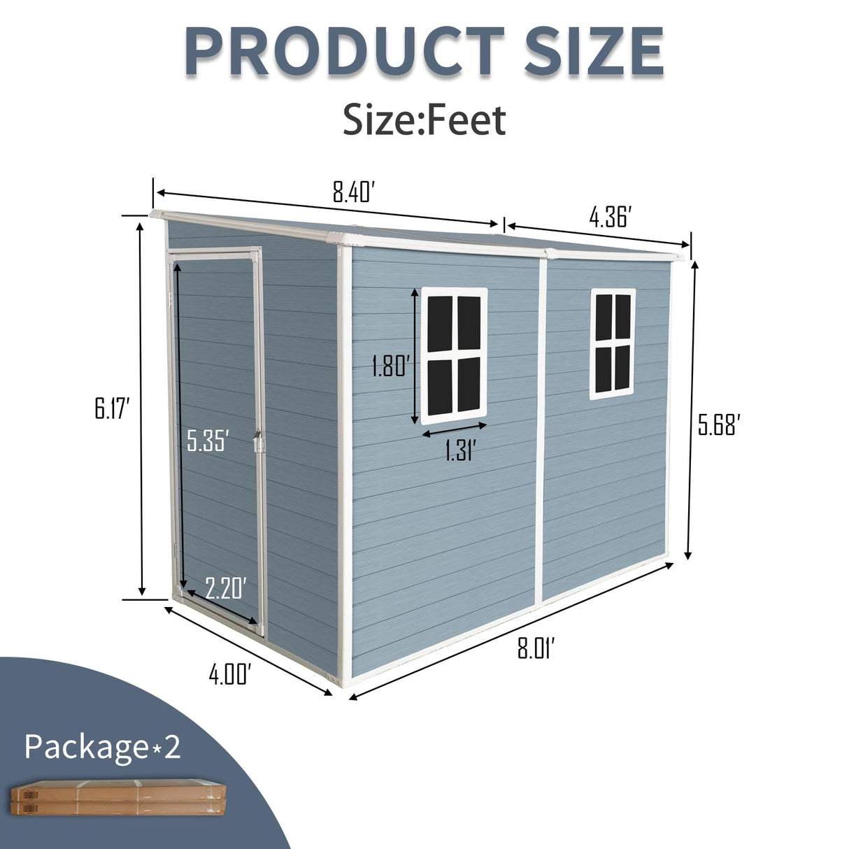 KUIKUI 8x4ft Shed with Floor Included, Outdoor Storage Plastic Resin Lean to Shed with 2 Windows and Lockable Door, Backyard Storage Sheds for Garden Tools, Bike, Grey KUIKUI