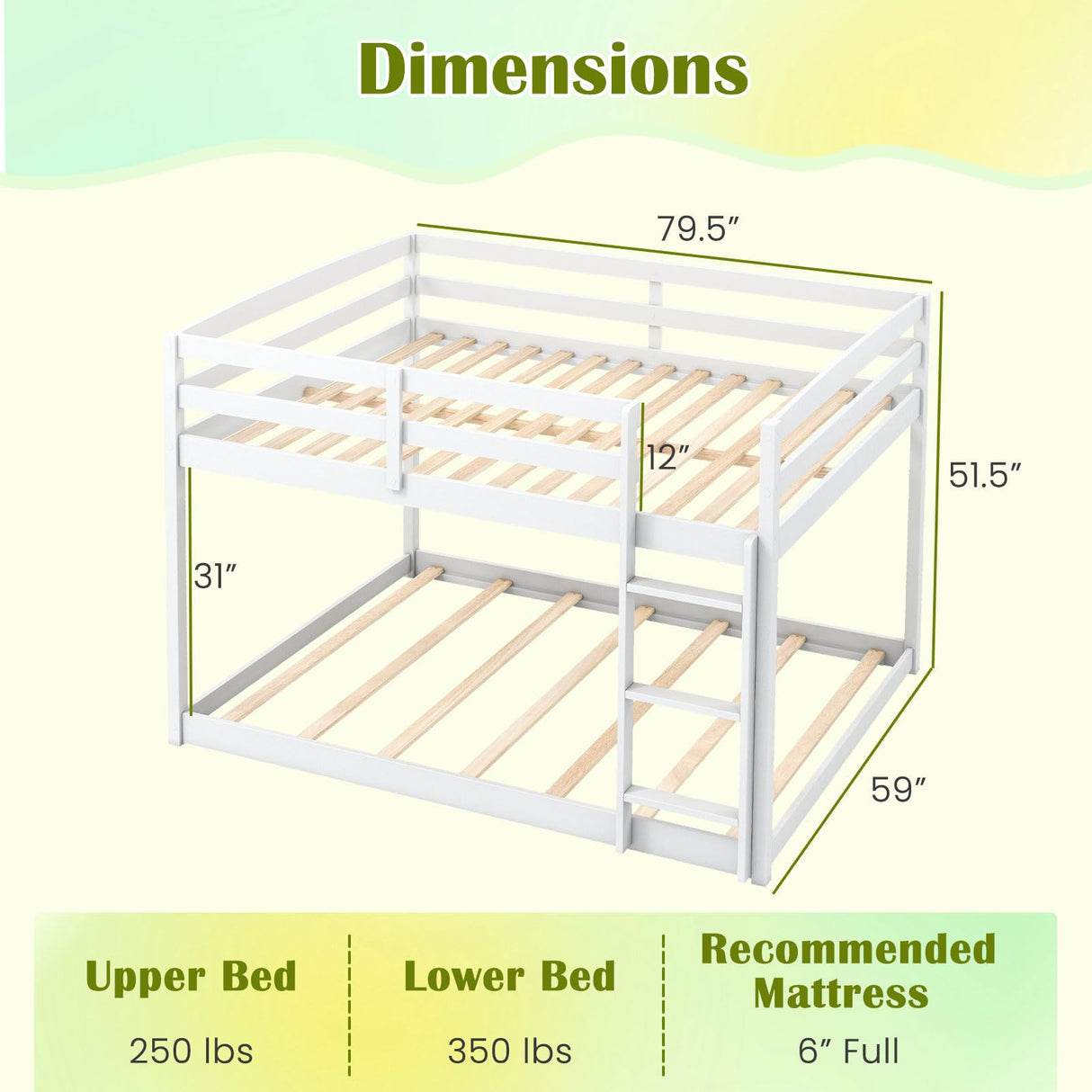 Giantex Full Over Full Bunk Bed, Solid Wood Kids Bunk Bed with Full-Length Guardrails, Integrated Ladder & Anti-Tippling Kits, Low Bunk Beds with Slats Support for Kids, Teens, White Giantex