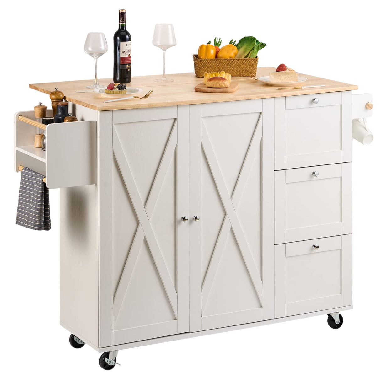 VEVOR Kitchen Island Cart with Solid Wood Top, 45.3" Width Mobile Carts with Storage Cabinet, Rolling Kitchen Table with Spice Rack, Towel Rack, Drop Leaf and Drawer, Portable Islands on Wheels, White VEVOR