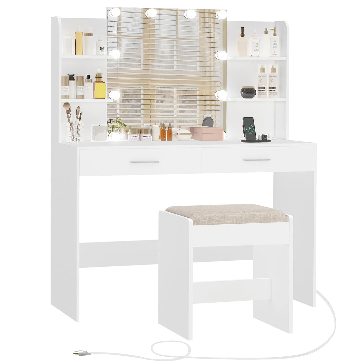 FIONESO Vanity Desk, Makeup Vanity Desk with Mirror & Lights, Vanity Desk with 2 Drawers & 6 Storage Shelves, Dressing Table with Power Outlet, for Women Girls, Bedroom, White FIONESO