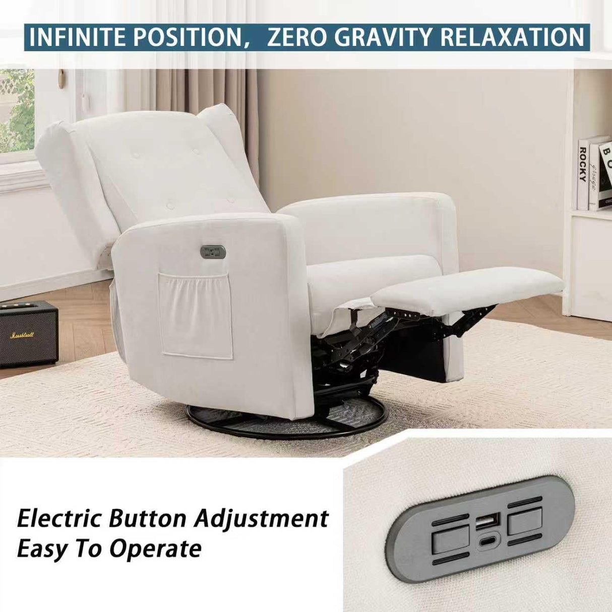 Ketaiyou Power Swivel Rocking Recliner Chair, High Back Electric Rocker Nursery Glider Chair, USB and Type-C Ports, Upholstered Fabric Reclining Single Sofa Chair for Living Room (Beige) Ketaiyou