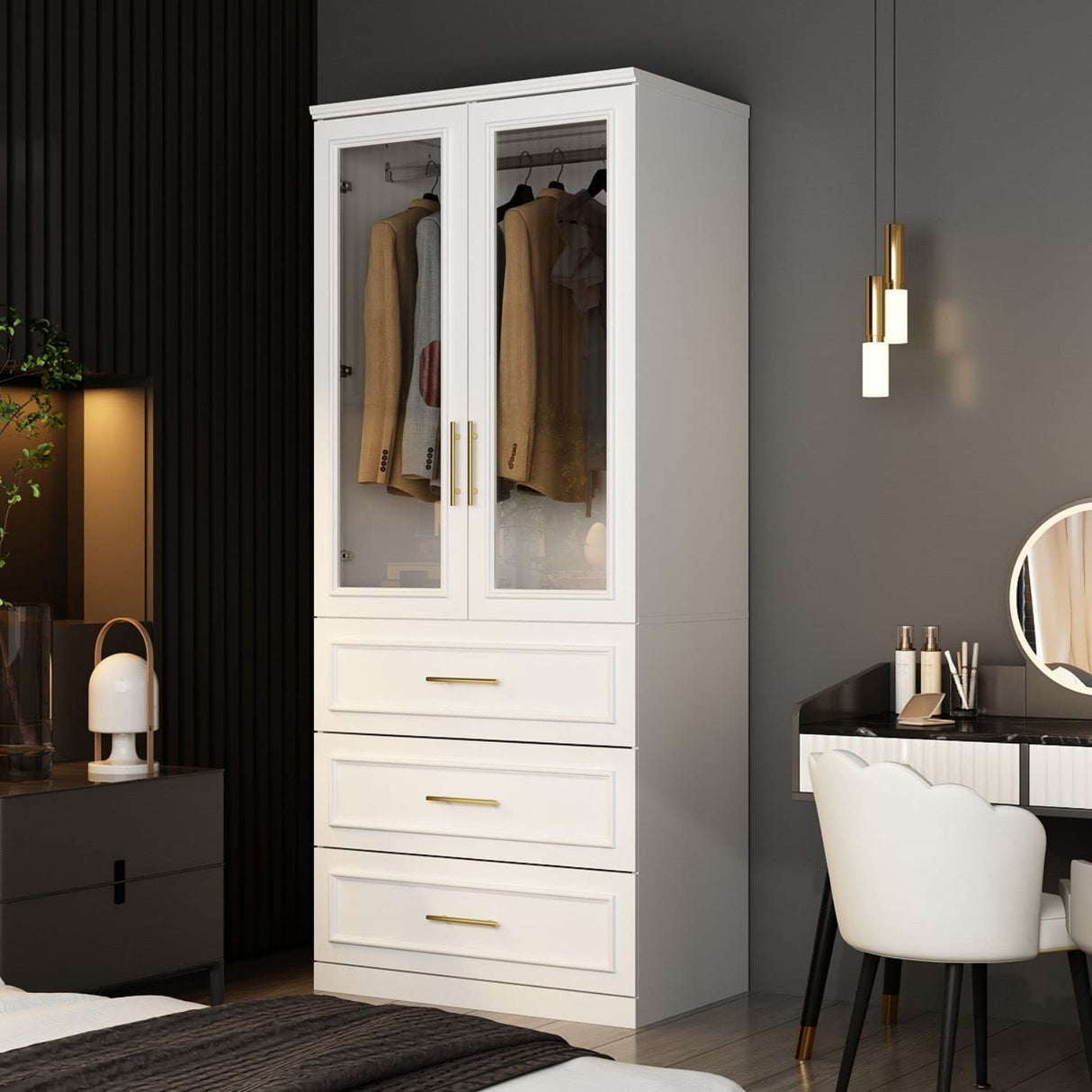 FAMAPY Wardrobe Closet with 2 Glass Doors & 3 Drawers, Armoire Wardrobe Closet with Hanging Rod, Gold Metal Handles, Bedroom Armoire Closet White (31.7”W x 19.3”D x 74.9”H) FAMAPY