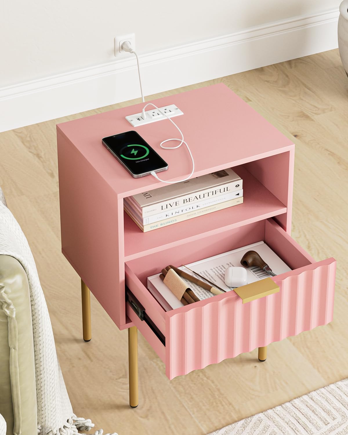 Aienvey Night Stand with Charging Station, Fluted Bedside Table with Gold Frame, Side Table with Drawer and Shelf for Bedroom, Living Room, Pink Aienvey