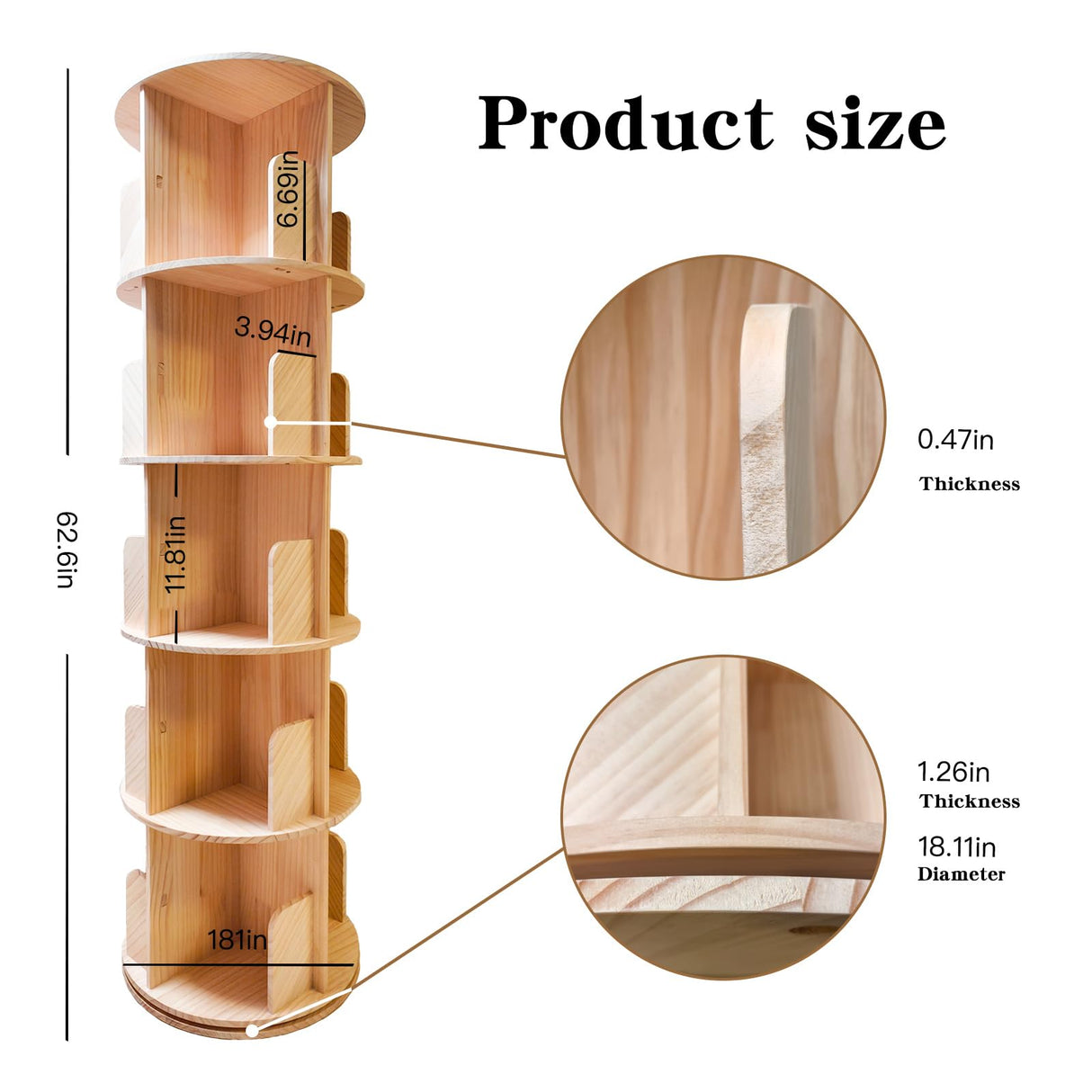 HZYHPDJY Rotating Bookshelf,360 Display Round 5 Tier Floor Standing Bookcase Storage Rack,Wood Spinning Bookshelf Tower for Bedroom,Living Room HZYHPDJY