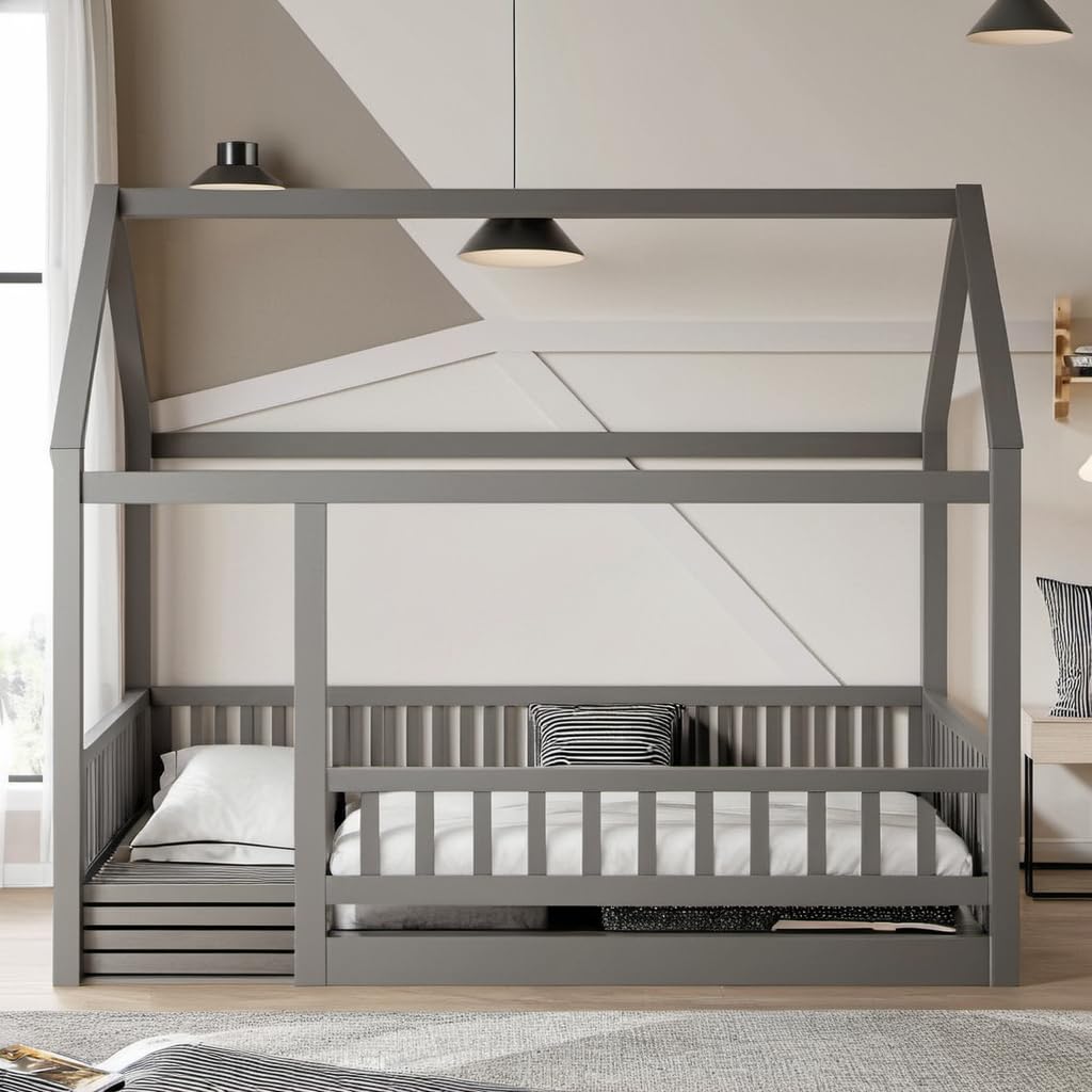 PVWIIK Twin Size Montessori Floor Bed with Roof & Fence Guardrails for Boys Girls Bedroom,Twin Size Floor Wooden Bed Frame,Easy Assemble,No Box Spring Needed, Gray PVWIIK