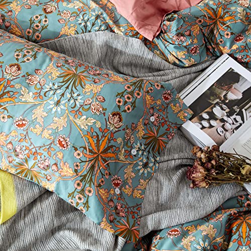 mixinni Vintage Style Garden Flower Queen Duvet Cover with Zipper Closure Soft Long Staple Percale Cotton Vibrant Pattern on Flower Bedding Quilt Cover Set(Queen, All Season) mixinni