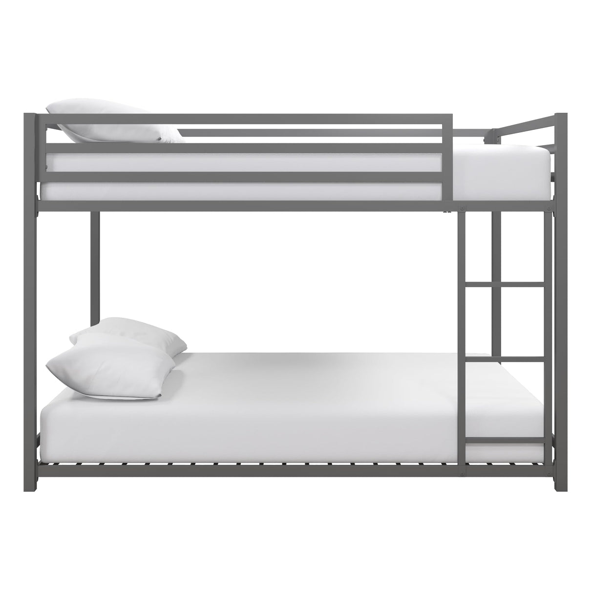 DHP Miles Low Metal Bunk Bed Frame for Kids, With Built-in Ladder, High Guardrail and Metal Slats, Floor Bed Bottom Bunk, No Boxspring Required, For Small Spaces, Full-Over-Full, Silver DHP