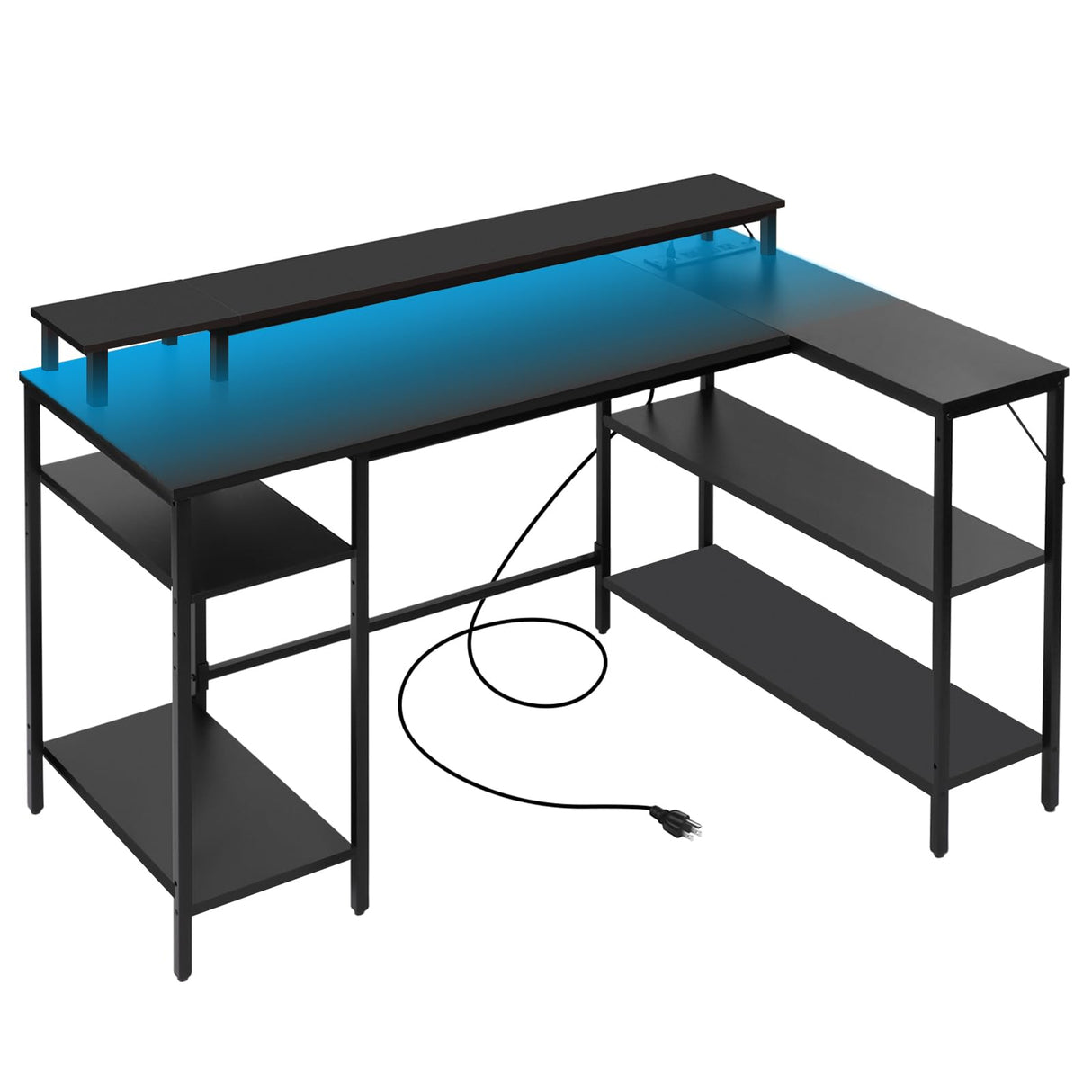 Panana L Shaped Gaming Desk with LED Lights & Power Outlets, Reversible Computer Desk with Stand & Shelves, Corner Desk Home Office Desk with USB Charging Port (Black) Panana
