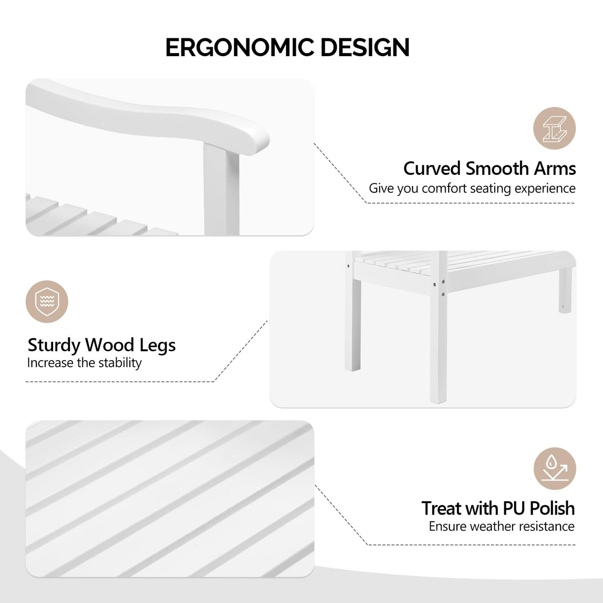VINGLI 50" Outdoor Bench Patio Bench, Wood Front Porch Garden Bench for Yard Patio Park Outside, All Weather 800lb Capacity(White) VINGLI