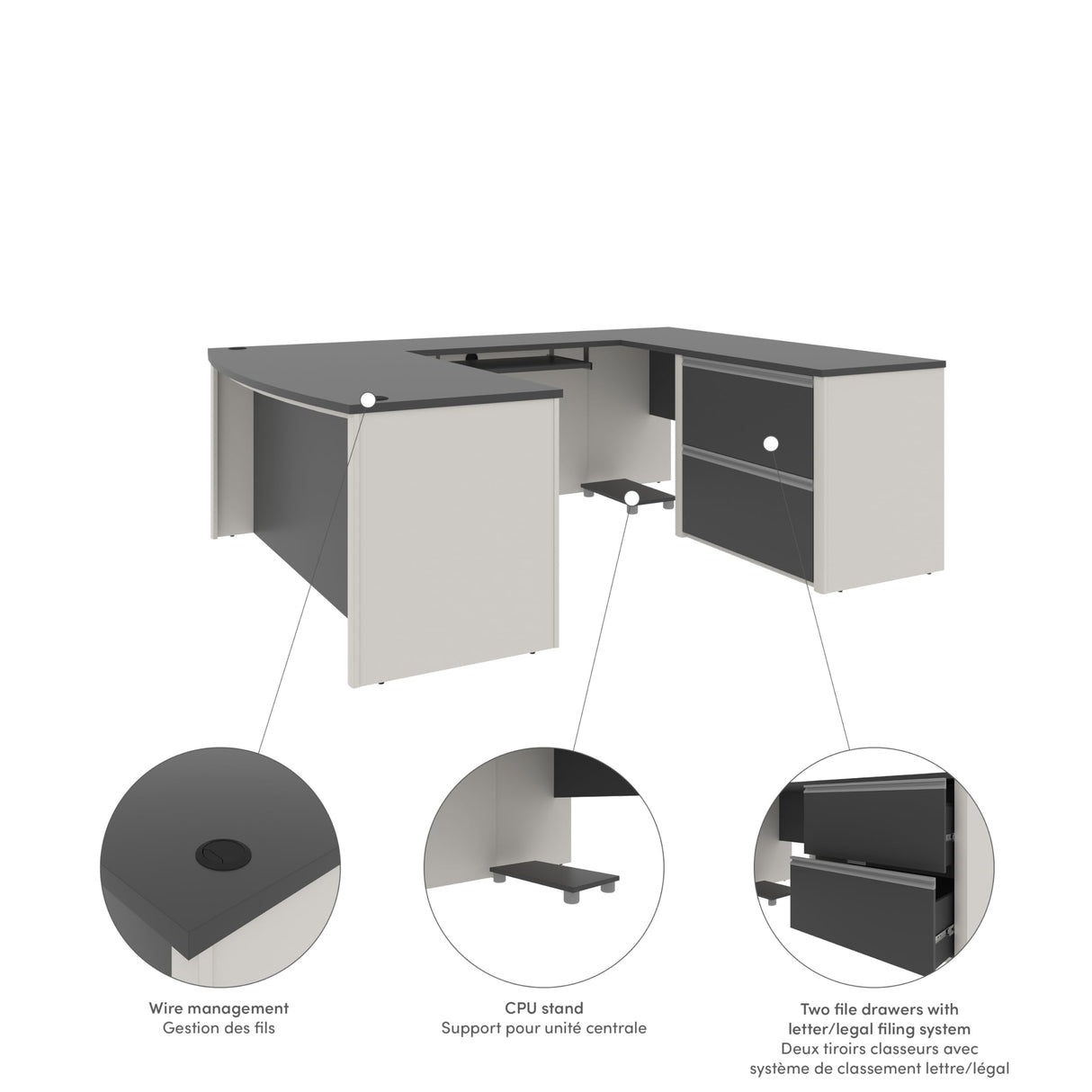 BESTAR Connexion U-Shaped Executive Desk with Lateral File Cabinet, Corner Table for Home Office or Workspace, 72W, Slate/Sandstone Bestar