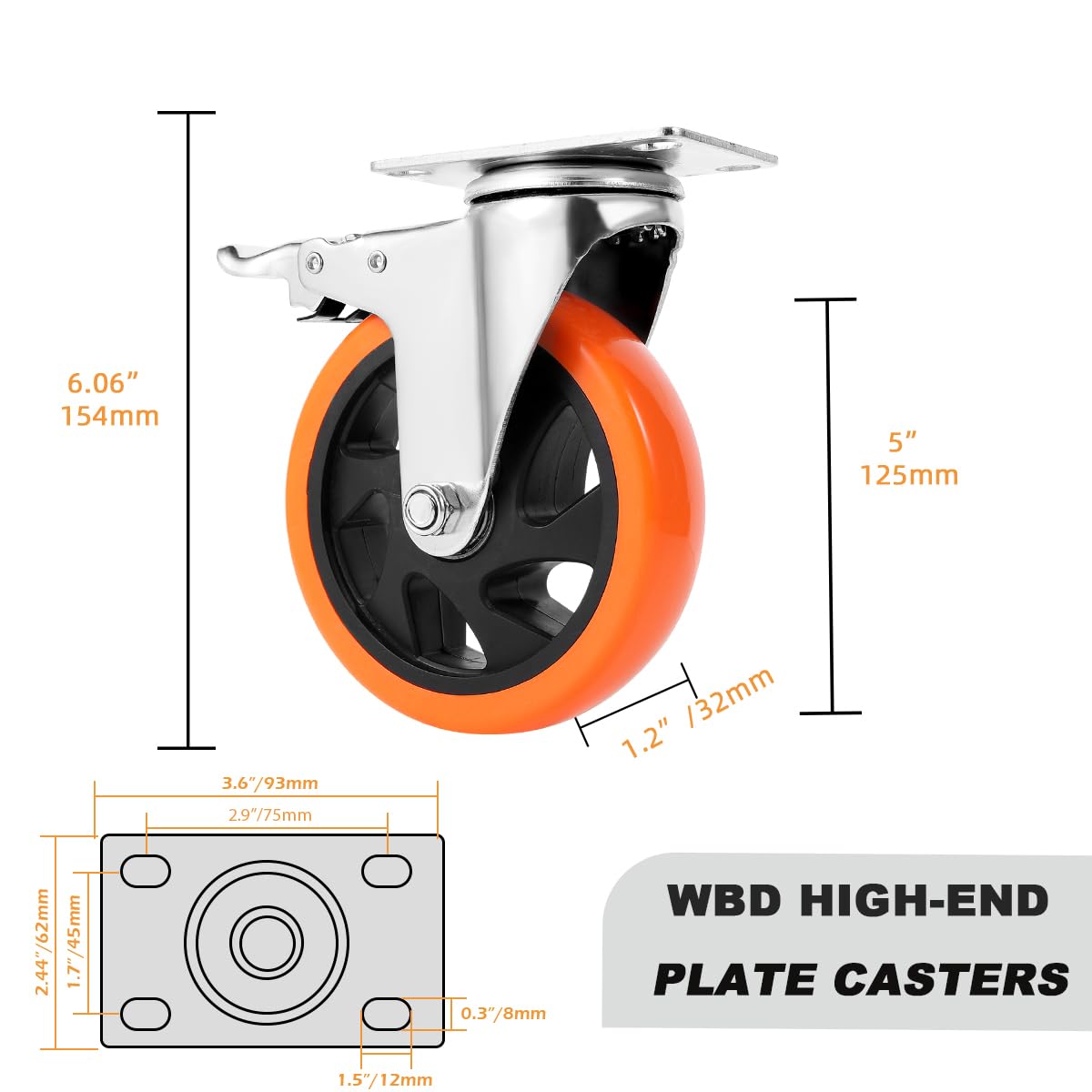 W B D WEIBIDA 5 inch Swivel Caster Wheels with Dual Locking, Heavy Duty Castors Set of 4, Silent Rolling, Top Plate Casters for Cart, Workbench, Furniture (Hardware Kits) W B D WEIBIDA