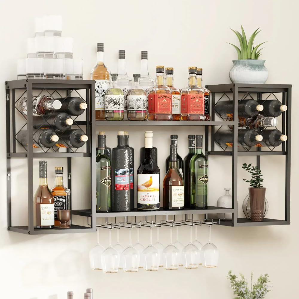 HEONITURE Wall Mounted Wine Rack with Glass Holder,Metal Floating Bar Liquor Shelves 2 Tier,Wine Glass Rack Multi Functional Wine Storage Display Rack for Home Bar Dining Room Kitchen HEONITURE