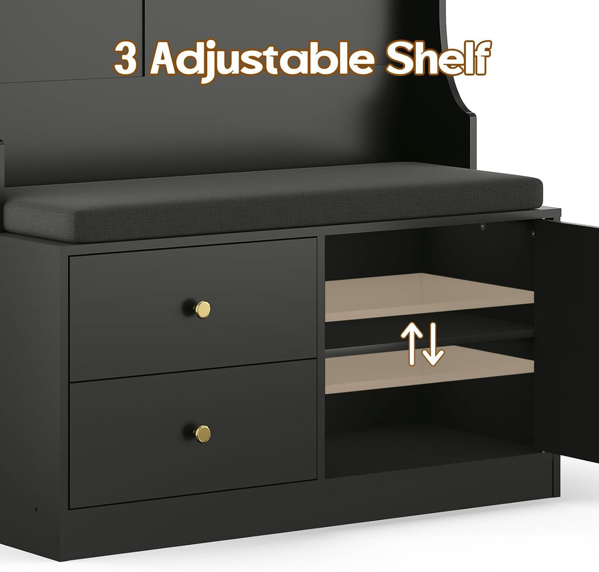 ComeWay Hall Tree with Storage 70.9 Inch Height, Coat Rack with 7 Hooks & Shoe Cabinet with Doors, 6-in-1 Farmhouse Hall Tree Anti-toppling, Shoes Rack for Entryway Hallway, Modern Black ComeWay