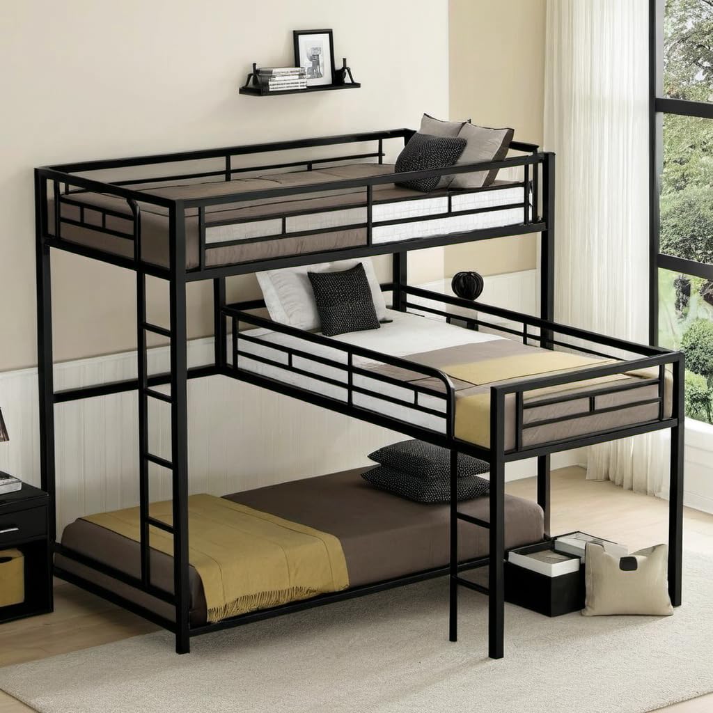 UOCFYK Twin Size L-Shaped Metal Triple Bunk Bed, Triple Bedframe with Ladder & Full-Length Guardrail for Kids Junior Adults, Box Spring Needed, Space Saving, Black UOCFYK