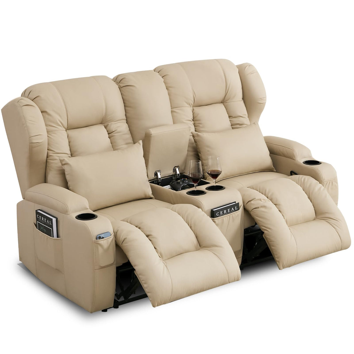 SAMERY 65.5" RV Loveseat Recliner Double Recliner RV Sofa & Console | Wall Hugger Loveseat Reclining RV | RV Theater Seats | RV Couch | RV Home Theater Seating Furniture (Fabric Beige) SAMERY
