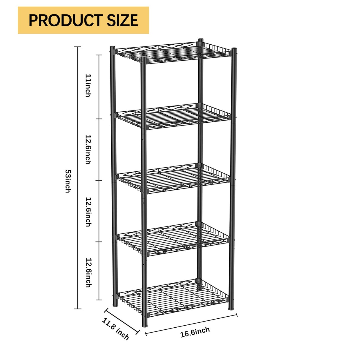 VETALLO Wire Shelving Units,5 Tier Metal Shelves,Storage Rack Small Shelf, Utility Narrow Standing Racks Unit for Kitchen,Garage, Pantry, Laundry,Bathroom,Closet Organizer (16.6" L x 11.8" W x 53" H) VETALLO