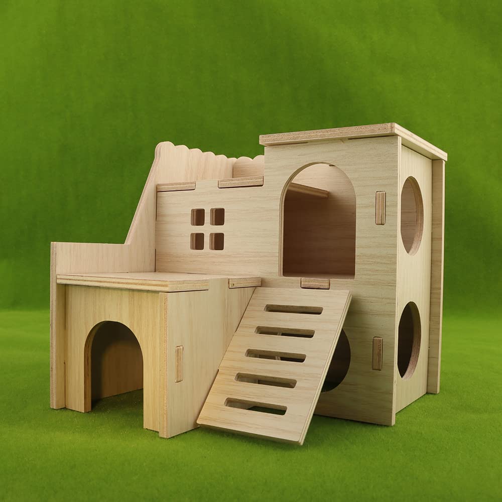 Tiny Hamster Maze Wood House Fun Slide House Double-Decker Hut for Dwarf Gerbil Mouse Mice Rat Small Animals(Only for Small Hamster) kcrygogo