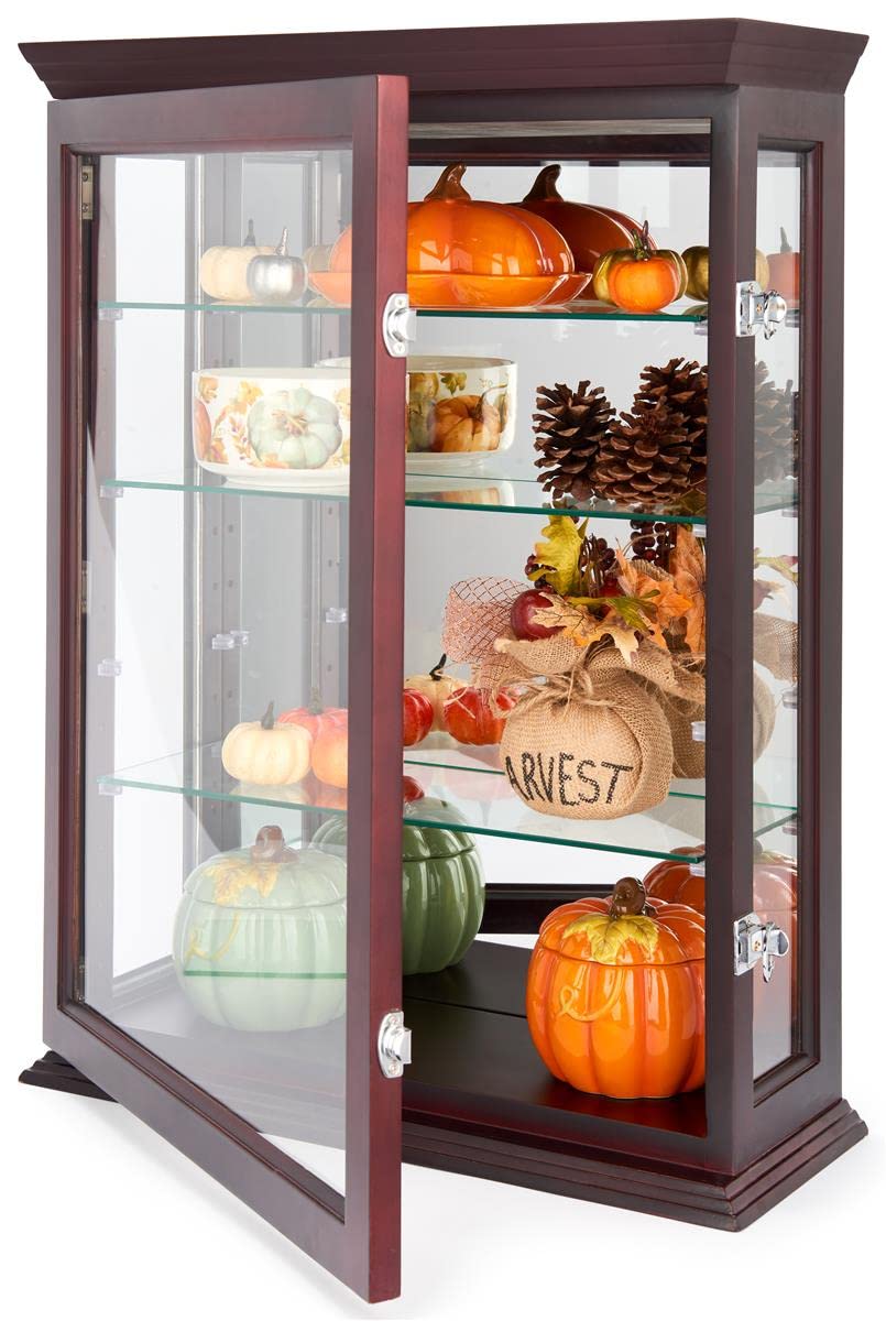 Displays2go 21" Countertop/Wall Mount Display Case, Adjustable Shelves, Locking - Mahogany (DCC2128MH2) Displays2go