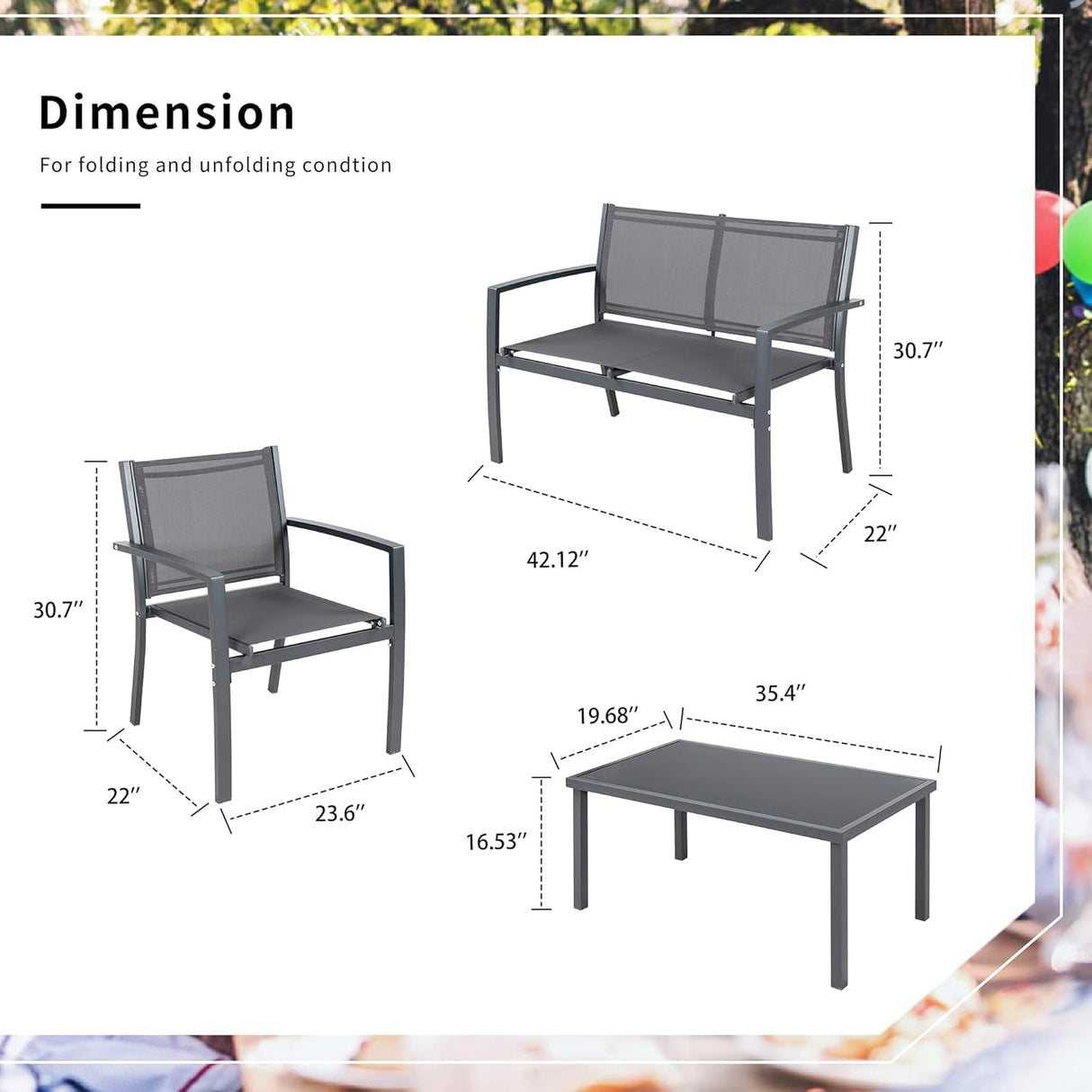 Shintenchi 4 Pieces Patio Furniture Set All Weather Textile Fabric Outdoor Conversation Set, with Glass Coffee Table, Loveseat, 2 Single Chairs for Home, Garden, Lawn, Porch(Gray) Shintenchi