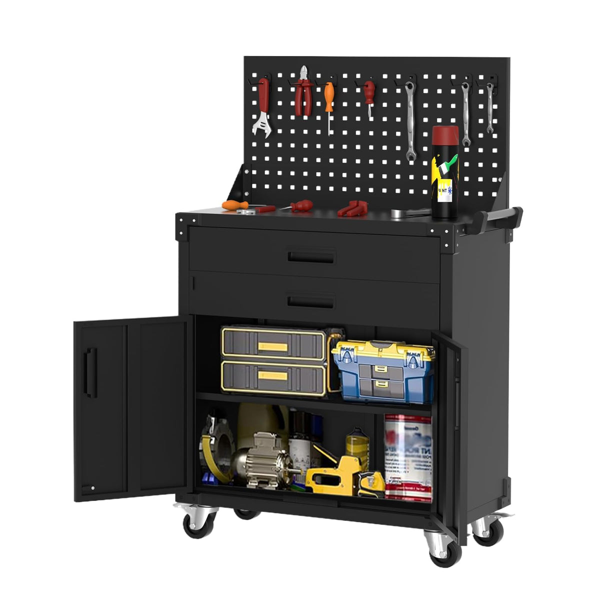 35.4" Tall Heavy-Duty Steel Rolling Tool Cabinet, Mobile Workbench with 2 Deep Drawers, Pegboard, Adjustable Shelves & Locking Casters, Garage Workshop Warehouse Storage Organizer Tioutbot