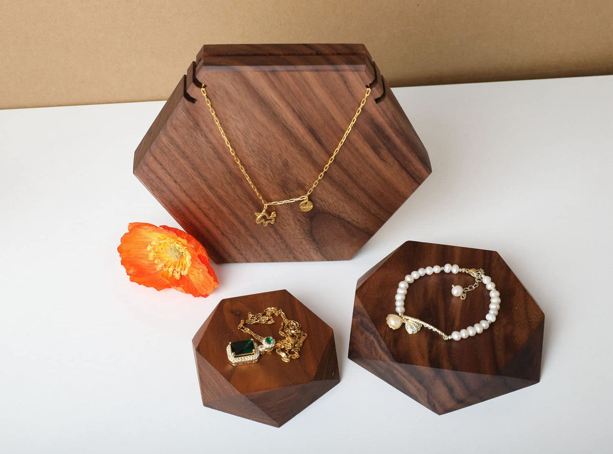 GemeShou 2pcs Wooden Jewelry display tray, Hexagon jewelry display riser, Jewelry retail shop photography props【Walnut Hexagon tray-2pcs】 GemeShou